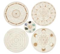 ORIGACH 4 PCS Wooden Crystal Grid Board, Round Sacred Geometry Energy Grids Board, Metatron's Cube Crystal Plate for Witchcraft Wiccan Altar Ritual Sacred Space Decor, 5.9Inch Diameter