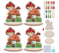 ORIGACH 4 Set 3D Mushroom House Wooden Cross Stitch Kit for Beginner, DIY Counted Cross Stitch Set with Mushroom Embroidery Design for Home Decor