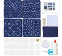 ORIGACH 4 Set DIY Sashiko Coaster Kit with 17 Pcs Plastic Sashiko Stencils for Adults Beginner with Fabric, Needles, Thread, English Instruction