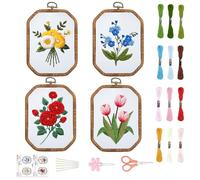 ORIGACH 4 Set Embroidery Kit for Beginners Adults, DIY Flowers Embroidery Starter Kit with Stamped Patterns Instructions Embroidery Hoop Needles Threads for Crafting
