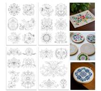 ORIGACH 4 Sheets Large Water Soluble Embroidery Patterns Stabilizers - Pre-Printed Scandinavian Floral Designs - Stick & Stitch Embroidery Paper for Hand Sewing Lovers