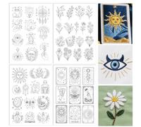 ORIGACH 4 Sheets Water Soluble Embroidery Patterns Stabilizers - Pre-Printed Mystical Divination Tarot & Floral Designs - Stick & Stitch Embroidery Paper for Hand Sewing Lovers