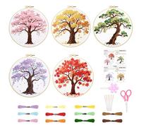ORIGACH 5 Pcs Seasonal Tree Embroidery Kit for Beginners, Stamped Design Embroidery Starter Kit Includes Cloth, Hoops, Threads & Needles