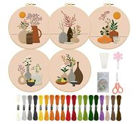 ORIGACH 5 Pcs Vase Embroidery Starters Kit for Beginners, Vase Embroidery Stitch Practice Kit Include Embroidery Cloth, Embroidery Hoops, Threads and Needles