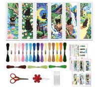 ORIGACH 6 Set Black Cat & Landscape Cross Stitch Bookmark Kit for Beginner with Backing Felt Floss Instructions DIY Stamped Embroidery Bookmark Kit for Adults, Book Lovers