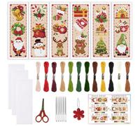 ORIGACH 6 Set Christmas Cross Stitch Bookmark Kit for Beginner with Backing Felt Floss Instructions Santa Elk Snowflake DIY Stamped Embroidery Bookmark Kit for Adults, Book Lovers