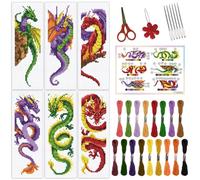 ORIGACH 6 Set Dragon and Loong Cross Stitch Bookmark Kit for Beginner with Backing Felt Floss Instructions DIY Stamped Embroidery Bookmark Kit for Adults, Book Lovers
