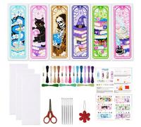 ORIGACH 6 Set Fantasy Tarot Cross Stitch Bookmark Kit for Beginner with Backing Felt Floss Instructions Cat Skeleton Witch DIY Stamped Embroidery Bookmark Kit for Adults, Book Lovers
