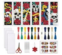 ORIGACH 6 Set Gothic Rose & Skulls Stitch Bookmark Kit for Beginner with Backing Felt Floss Instructions DIY Stamped Embroidery Bookmark Kit for Adults, Book Lovers