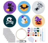 ORIGACH 6 Set Halloween Punch Needle Coasters Kit with Pattern, Adhesive Felts, Yarn, Tools and Instruction Punch Needle Embroidery Kit for Beginners Adults DIY Mug Tufted Rug Making Set