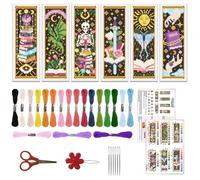 ORIGACH 6 Set Mystical Tarot Card & Book Cross Stitch Bookmark Kit for Beginner with Backing Felt Floss Instructions DIY Stamped Embroidery Bookmark Kit for Adults, Book Lovers