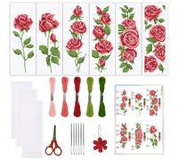 ORIGACH 6 Set Rose Cross Stitch Bookmark Kit for Beginner with Backing Felt Floss Instructions DIY Stamped Embroidery Bookmark Kit for Adults, Book Lovers
