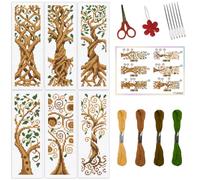 ORIGACH 6 Set Tree of Life Cross Stitch Bookmark Kit for Beginner with Backing Felt Floss Instructions DIY Stamped Embroidery Bookmark Kit for Adults, Book Lovers