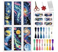 ORIGACH 6 Set Universe Starry Night Cross Stitch Bookmark Kit for Beginner with Backing Felt Floss Instructions DIY Stamped Embroidery Bookmark Kit for Adults, Book Lovers