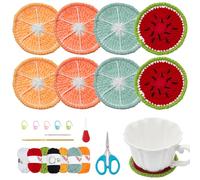 ORIGACH 8 Sets DIY Fruit Crochet Coaster kit for Beginners, Lemon Orange Lime Watermelon Tea Coaster Crochet Set for Starter, Complete Crochet Kit to Make 8 Drink Coasters with Instruction and Video