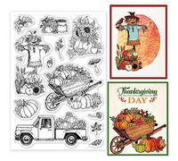 ORIGACH Autumn Harvest Clear Stamp for Card Making Pumpkin Scarecrow Pika Sunflower Fallen Leaves Transparent Silicone Stamps for DIY Scrapbooking Journaling Photo Album Crafts Suppplies