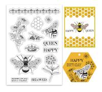 ORIGACH Bee Honeycomb Flowers Clear Stamp for Card Making Happy Birthday Beloved Queen Words Transparent Silicone Stamp Seal for for DIY Scrapbooking Journaling Photo Album Crafts Suppplies