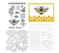 ORIGACH Bee Honeycomb Stamp Die and Stencil Sets for Card Making Happy Birthday Bee Metal Cutting Die Silicone Stamp and PET Template Sets for DIY Scrapbooking Embossing Album Decorative Craft