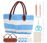 ORIGACH DIY Crochet Handbag Kit for Beginners, Blue Striped Crochet Bag with PU Leather Band and Base, Complete Crochet Set to Make a Bag, Include Yarn, Crochet Hooks, Markers and Instruction
