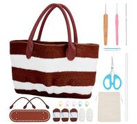 ORIGACH DIY Crochet Handbag Kit for Beginners, Dark Brown Striped Crochet Bag with PU Leather Band and Base, Complete Crochet Set to Make a Bag, Include Yarn, Crochet Hooks, Markers and Instruction