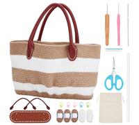 ORIGACH DIY Crochet Handbag Kit for Beginners, Khaki Striped Crochet Bag with PU Leather Handheld and Base, Complete Crochet Set to Make a Bag, Include Yarn, Crochet Hooks, Markers and Instruction