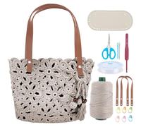 ORIGACH DIY Crochet Handbag Kit, Hollow Out Flower Crochet Tote Bag with PU Leather Band Base Beaded Tassel Include Yarn, Crochet Hooks, Markers Instruction and Video Tutorials, Light Khaki