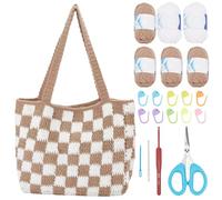ORIGACH DIY Crochet Tote Bag Kit for Beginners Adults Crochet Checkered Pattern Handbag Starters Kit Include Yarn, Hooks, Instruction, Video Tutorials, Khaki