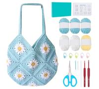 ORIGACH DIY Daisy Crochet Bag Kit for Beginners Adults, Water Blue | Crochet Granny Square Bag Kit with Instruction Video Tutorials, Learn to Crochet Bag Making Kit for Starters