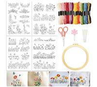 ORIGACH Embroidery Starter Kit for Beginners Adult, Pre-Printed Flowering Shrubs Water Soluble Stabilizer Patterns with Embroidery Hoop, Floss, Needles & Tools, DIY Craft Set for Home Decor & Gifts
