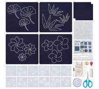 ORIGACH Floral DIY Sashiko Coaster Kit with 12 Pcs Plastic Sashiko Stencils,Coaster Making Kit for Beginners Adults with Japanese Traditional Patterns, English Instruction