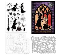 ORIGACH Halloween Clear Stamps Cutting Dies and Stencils Set, Witch Silicone Stamps Metal Die Cut and Stencil Template with Halloween Elements for Card Making Scrapbooking DIY Crafting