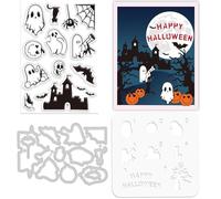 ORIGACH Halloween Fright Night Layering Stencil for Card Making, Halloween Ghost Bat Castle Spider Stencil Silicone Clear Stamps and Metal Die Cuts Sets for DIY Scrapbooking Photo Album Crafting