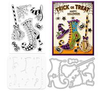 ORIGACH Halloween Witch Boot & Broom Layering Stencil for Card Making, Halloween Witch Hat Spider Web Stencil Silicone Clear Stamps and Metal Die Cuts Sets for DIY Scrapbooking Photo Album Crafting