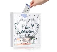 ORIGACH Large Travel Adventure Archive Box with Slot Adventure Fund Shadow Box Display Case for Memories Wooden Memory Box for Keepsake With Ticket Postcard Photo Money (Heart Background, 29x29 cm)