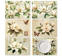 ORIGACH Magnolia Placemats Set of 6 Stain Resistant Placemats, Heat Insulation Washable Durable Table Place Mats for Party Kitchen Dining Decoration 11.81 ×16.93 Inch