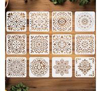 ORIGACH Mandala Tile Stencils for Crafts, 12 Pcs Reusable Corner Florals Pattern Stencils Templates for Painting on Wood, Wall, Canvas & Furniture, 5.9 x 5.9 inch