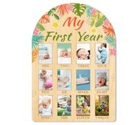 ORIGACH My First Year Baby Growth Photo Display Wood Board - 12 Months Newborn Milestones Photo Board - Neutral Baby Keepsake Board 1st Birthday Party Nursery Decor New Mom Gift - Tropical Leaves