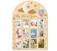 ORIGACH My First Year Baby Growth Photo Display Wood Board - 12 Months Newborn Milestones Photo Board - Neutral Baby Keepsake Board 1st Birthday Party Nursery Decor New Mom Gift - Moon Star & Cloud