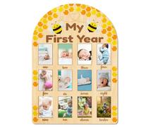 ORIGACH My First Year Baby Growth Photo Display Wood Board - 12 Months Newborn Milestones Photo Board - Neutral Baby Keepsake Board 1st Birthday Party Nursery Decor New Mom Gift - Bee