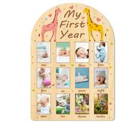 ORIGACH My First Year Baby Growth Photo Display Wood Board - 12 Months Newborn Milestones Photo Board - Neutral Baby Keepsake Board 1st Birthday Party Nursery Decor New Mom Gift - Giraffe