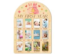 ORIGACH My First Year Baby Growth Photo Display Wood Board - 12 Months Newborn Milestones Photo Board - Neutral Baby Keepsake Board 1st Birthday Party Nursery Decor New Mom Gift - Rabbit