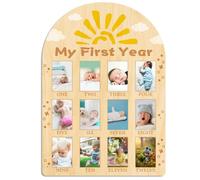 ORIGACH My First Year Baby Growth Photo Display Wood Board - 12 Months Newborn Milestones Photo Board - Neutral Baby Keepsake Board 1st Birthday Party Nursery Decor New Mom Gift - Sun & Cloud