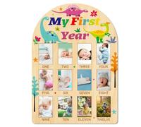 ORIGACH My First Year Baby Growth Photo Display Wood Board - 12 Months Newborn Milestones Photo Board - Neutral Baby Keepsake Board 1st Birthday Party Nursery Decor New Mom Gift - Dinosaur