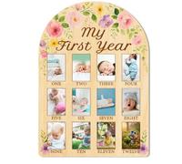 ORIGACH My First Year Baby Growth Photo Display Wood Board - 12 Months Newborn Milestones Photo Board - Neutral Baby Keepsake Board 1st Birthday Party Nursery Decor New Mom Gift - Flower