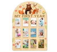 ORIGACH My First Year Baby Growth Photo Display Wood Board - 12 Months Newborn Milestones Photo Board - Neutral Baby Keepsake Board 1st Birthday Party Nursery Decor New Mom Gift - Forest Animals