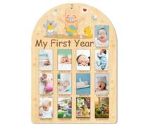 ORIGACH My First Year Baby Growth Photo Display Wood Board - 12 Months Newborn Milestones Photo Board - Neutral Baby Keepsake Board 1st Birthday Party Nursery Decor New Mom Gift - Baby Bear & Duck