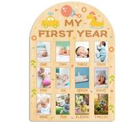 ORIGACH My First Year Baby Growth Photo Display Wood Board - 12 Months Newborn Milestones Photo Board - Neutral Baby Keepsake Board 1st Birthday Party Nursery Decor New Mom Gift - Car & Rocking Horse
