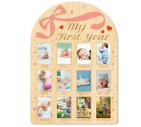 ORIGACH My First Year Baby Growth Photo Display Wood Board - 12 Months Newborn Milestones Photo Board - Neutral Baby Keepsake Board 1st Birthday Party Nursery Decor New Mom Gift - Bow & Heart