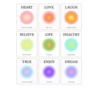 ORIGACH Positive Aura Posters for Room, Aesthetic Colorful Wall Art Set Of 9, 20x25 cm, Heart Love Laugh Believe Life Healthy Art Unframed Canvas Prints for Bathroom Bedroom Wall Decor
