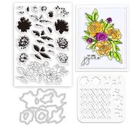 ORIGACH Realistic Layering Flower Stamps and Dies and Patterned Stencil Set, Silicone Stamps Metal Die Cut and Stencil Template for Card Making Scrapbooking DIY Crafting